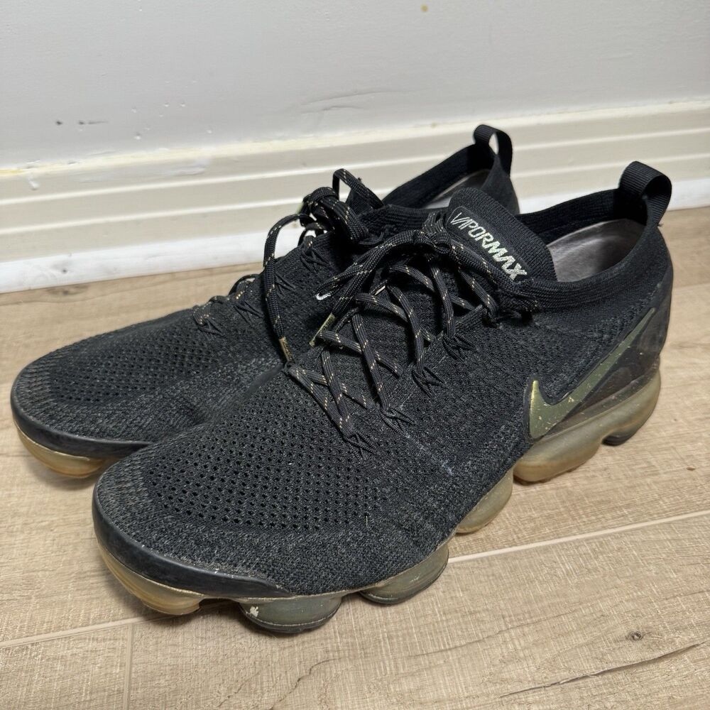 Nike Air VaporMax Men’s 10.5 Flyknit 2 Black Metallic Gold Plus Shoes 942842-015